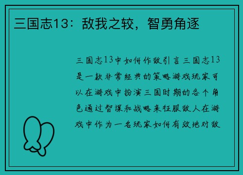 三国志13：敌我之较，智勇角逐